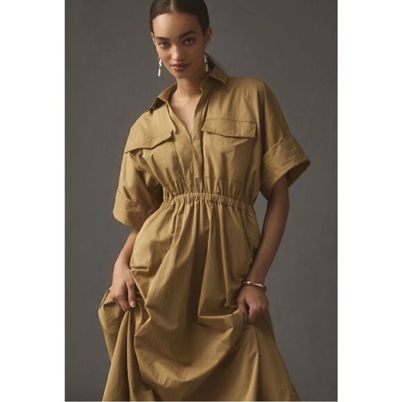 NEW Anthropologie Maeve Taupe Utility Gathered Maxi Shirt Dress Large Petite - Picture 4 of 10